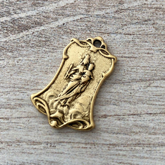 Virgin Mary and Child Catholic Medal, Jesus Sacred Heart, Antiqued Gold Religious Jewelry Making Charm, Bell Shaped Pendant, GL-6130