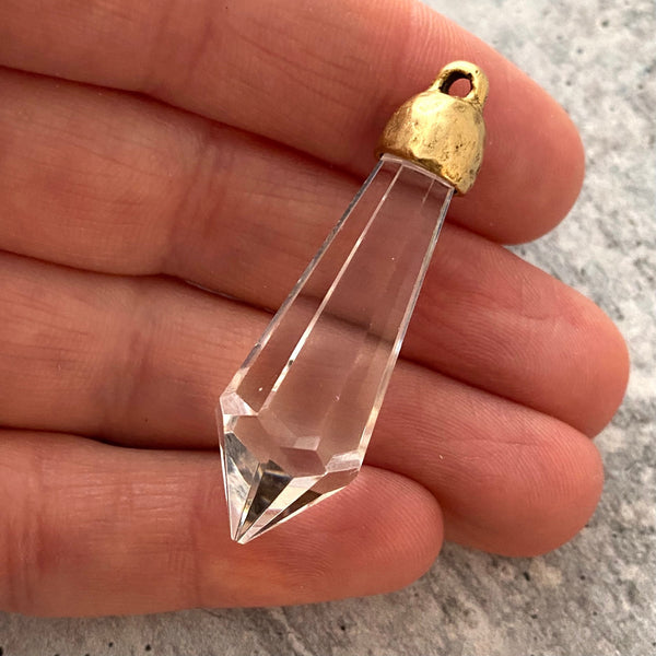 Load image into Gallery viewer, Chandelier Crystal Prism Drop Pendant, Clear with Gold Pewter Bead Cap, Jewelry Making Artisan Findings, GL-S014
