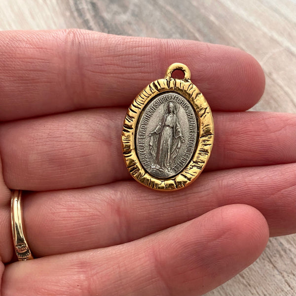 Load image into Gallery viewer, Two Tone Oval Mary Medal, Antiqued Gold and Silver Medal, Catholic Religious Charm Pendant, Religious Jewelry, GL-6066

