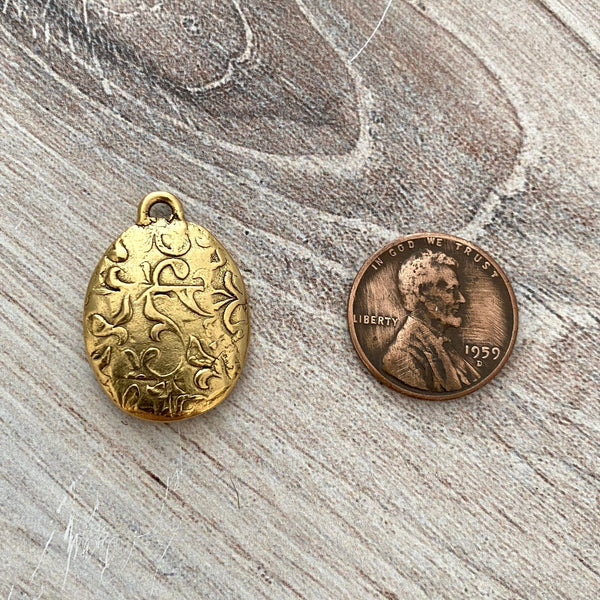 Load image into Gallery viewer, Two Tone Oval Mary Medal, Antiqued Gold and Silver Medal, Catholic Religious Charm Pendant, Religious Jewelry, GL-6066
