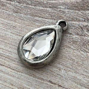 Swarovski Crystal Clear Pear Charm, Silver Pewter Rhinestone Pendant 2303, Jewelry Making Artisan Findings, PW-S018