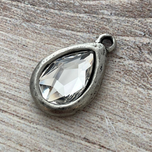 Load image into Gallery viewer, Swarovski Crystal Clear Pear Charm, Silver Pewter Rhinestone Pendant 2303, Jewelry Making Artisan Findings, PW-S018
