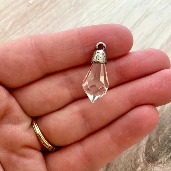 Load image into Gallery viewer, Small Chandelier Crystal Prism Drop Charm, Clear with Silver Pewter Bead Cap, Jewelry Making Artisan Findings, PW-S016
