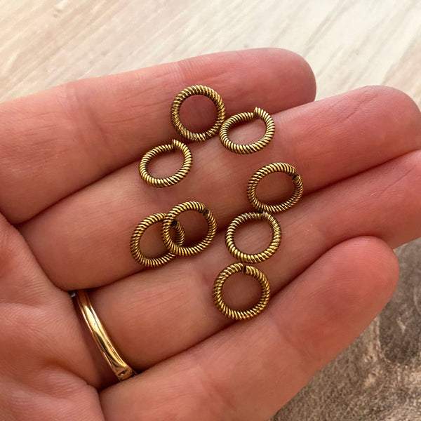 Load image into Gallery viewer, 9mm Large Antiqued Gold Jump Rings, Textured Jump Ring, Brass Jump Rings, 10 rings, GL-3007
