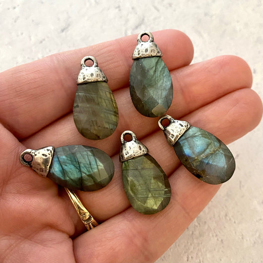 Labradorite Pear Faceted Briolette Drop Pendant with Silver Pewter Bead Cap, Jewelry Making Artisan Findings, PW-S021