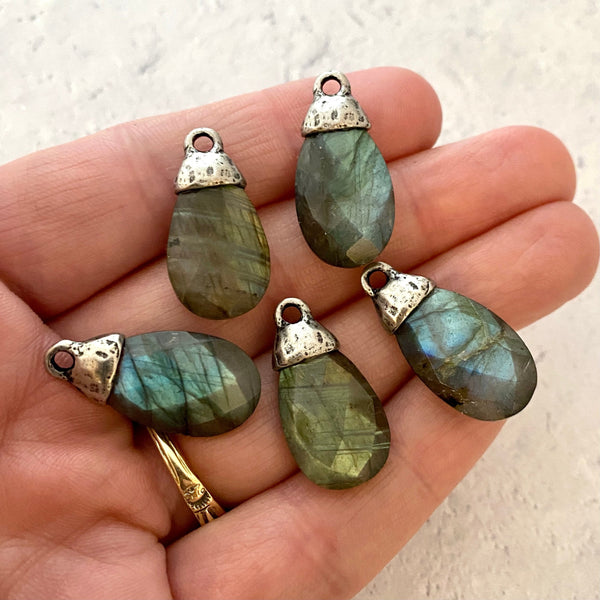 Load image into Gallery viewer, Labradorite Pear Faceted Briolette Drop Pendant with Silver Pewter Bead Cap, Jewelry Making Artisan Findings, PW-S021
