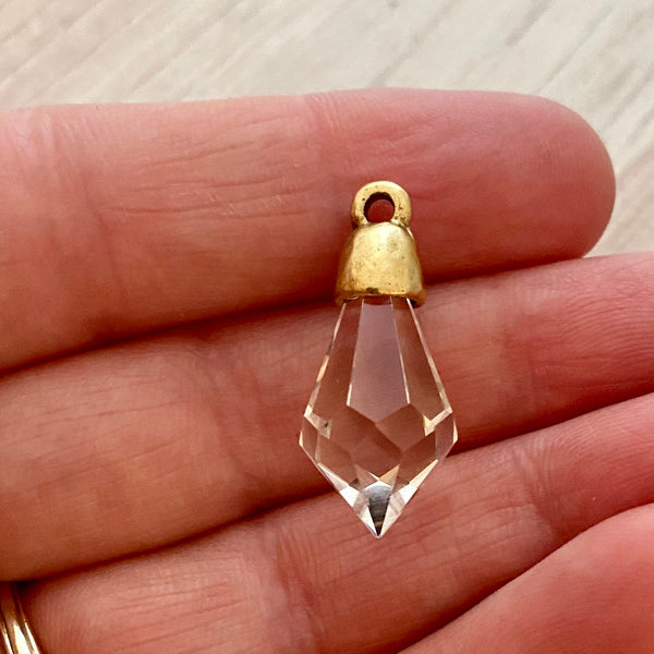 Load image into Gallery viewer, Small Chandelier Crystal Prism Drop Charm, Clear with Gold Pewter Bead Cap, Jewelry Making Artisan Findings, GL-S016
