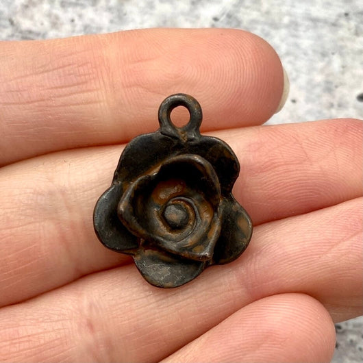 Flower Charm, Antiqued Rustic Brown Rose Pendant for Jewelry, BR-6153