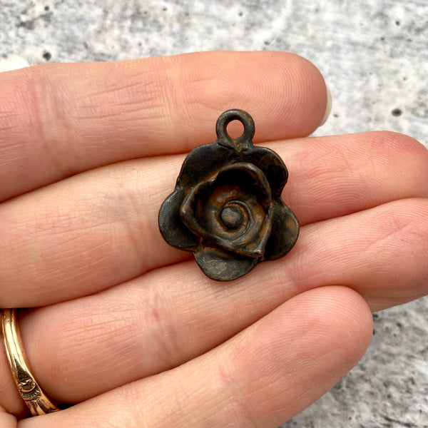 Load image into Gallery viewer, Flower Charm, Antiqued Rustic Brown Rose Pendant for Jewelry, BR-6153
