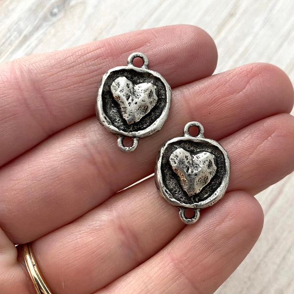 Load image into Gallery viewer, 2 Puffy Heart Silver Connector, Artisan Jewelry Making Supplies, PW-6157
