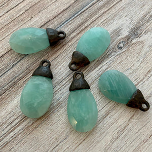Amazonite Pear Faceted Briolette Drop Pendant with Rustic Brown Pewter Bead Cap, Jewelry Making Artisan Findings, BR-S023