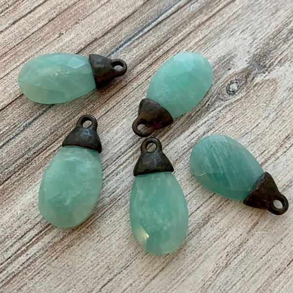 Load image into Gallery viewer, Amazonite Pear Faceted Briolette Drop Pendant with Rustic Brown Pewter Bead Cap, Jewelry Making Artisan Findings, BR-S023
