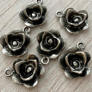 Flower Charm, Antiqued Silver Pewter Rose Pendant for Jewelry, PW-6153