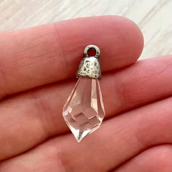 Load image into Gallery viewer, Small Chandelier Crystal Prism Drop Charm, Clear with Silver Pewter Bead Cap, Jewelry Making Artisan Findings, PW-S016
