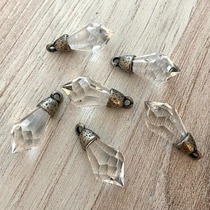 Small Chandelier Crystal Prism Drop Charm, Clear with Silver Pewter Bead Cap, Jewelry Making Artisan Findings, PW-S016