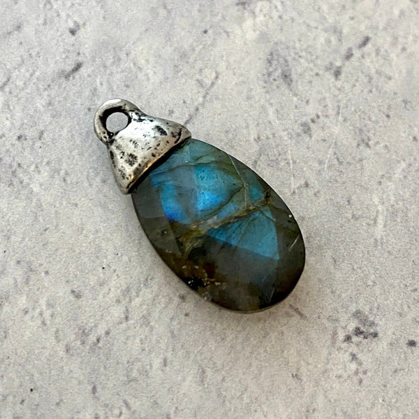 Load image into Gallery viewer, Labradorite Pear Faceted Briolette Drop Pendant with Silver Pewter Bead Cap, Jewelry Making Artisan Findings, PW-S021
