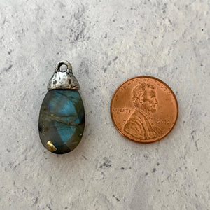 Labradorite Pear Faceted Briolette Drop Pendant with Silver Pewter Bead Cap, Jewelry Making Artisan Findings, PW-S021