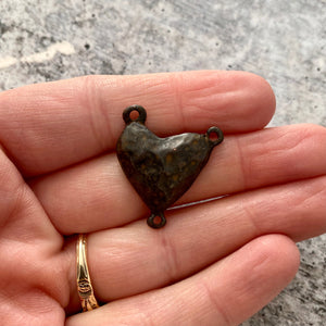 Puffy Hammered Heart Connector, Rustic Brown, Rosary Centerpiece, Heart Pendant, 3 Way Connector, BR-6147