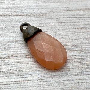 Peach Moonstone Faceted Pear Briolette Drop Pendant with Rustic Brown Pewter Bead Cap, Jewelry Making Artisan Findings, BR-S022