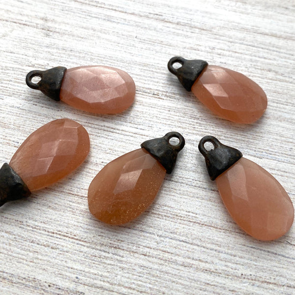 Load image into Gallery viewer, Peach Moonstone Faceted Pear Briolette Drop Pendant with Rustic Brown Pewter Bead Cap, Jewelry Making Artisan Findings, BR-S022
