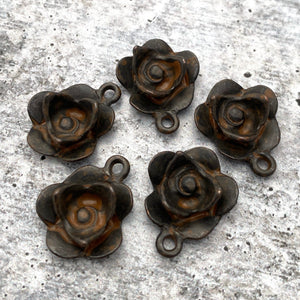 Flower Charm, Antiqued Rustic Brown Rose Pendant for Jewelry, BR-6153