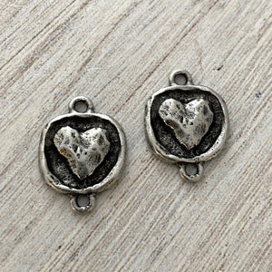2 Puffy Heart Silver Connector, Artisan Jewelry Making Supplies, PW-6157