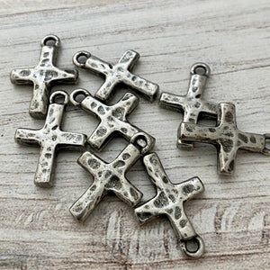2 Hammered Cross Charm, Silver Pewter Block Cross, Religious, Spiritual Jewelry Making, PW-6156
