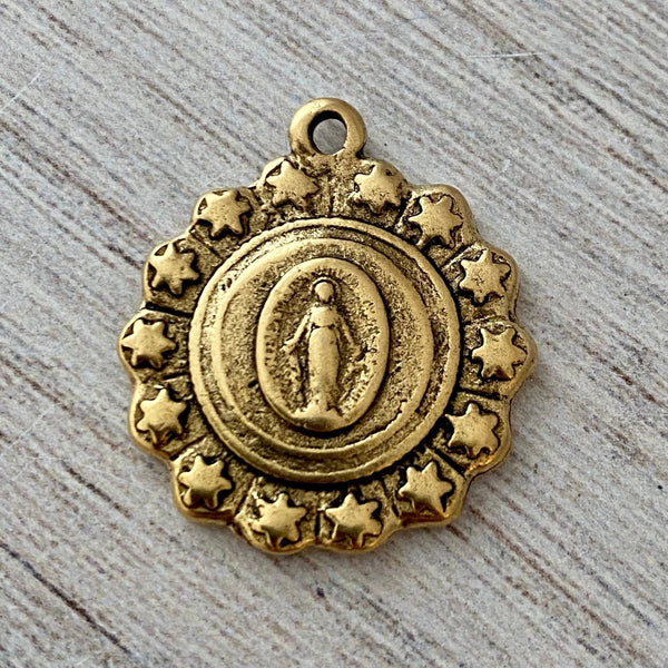 Load image into Gallery viewer, Mary Medal with Stars, Antiqued Gold Charm, Religious Rosary Parts, Catholic Pendant, Christian Jewelry, GL-6152
