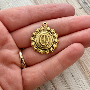 Mary Medal with Stars, Antiqued Gold Charm, Religious Rosary Parts, Catholic Pendant, Christian Jewelry, GL-6152