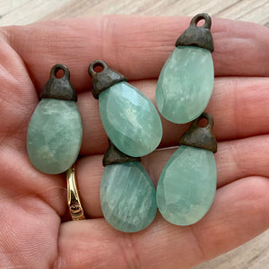 Amazonite Pear Faceted Briolette Drop Pendant with Rustic Brown Pewter Bead Cap, Jewelry Making Artisan Findings, BR-S023