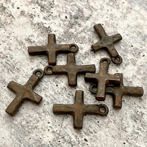 2 Hammered Cross Charm, Rustic Brown Block Cross, Religious, Spiritual Jewelry Making, BR-6156