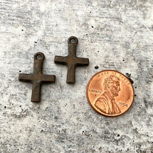 2 Hammered Cross Charm, Rustic Brown Block Cross, Religious, Spiritual Jewelry Making, BR-6156