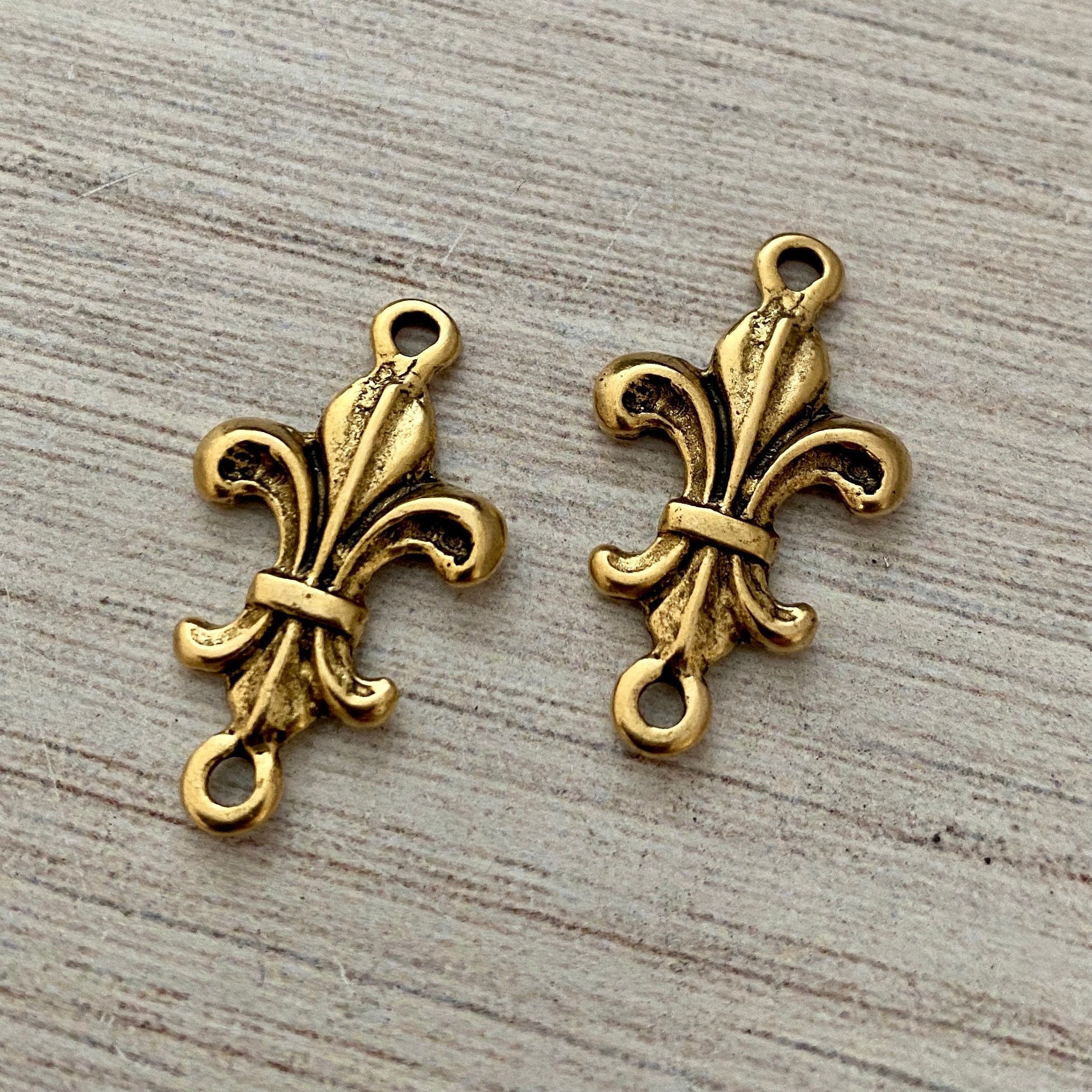 2 Fleur de lis Connector, French Charm, Antiqued Gold Paris