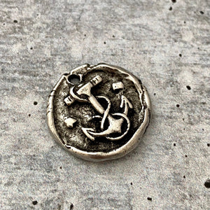 Wax Seal Anchor Charm, Silver Antiqued Pewter Pendant, Nautical Ship Jewelry Making, PW-6126
