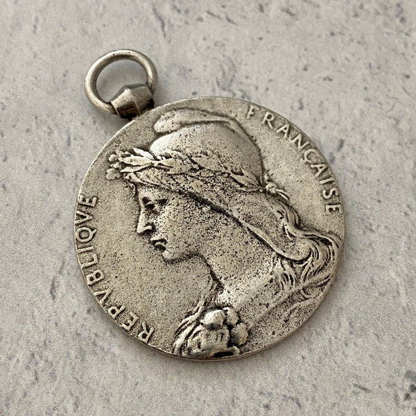 Load image into Gallery viewer, Large Old French Marianne Medal Replica, Antiqued Silver Charm Pendant, Woman Lady Coin, Jewelry Supplies, PW-6134

