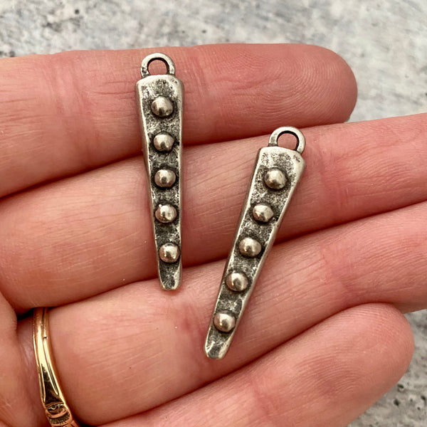 Load image into Gallery viewer, 2 Dotted Dangles, Antiqued Silver Pewter Spike Charms, Jewelry Making Components Supplies, PW-6146
