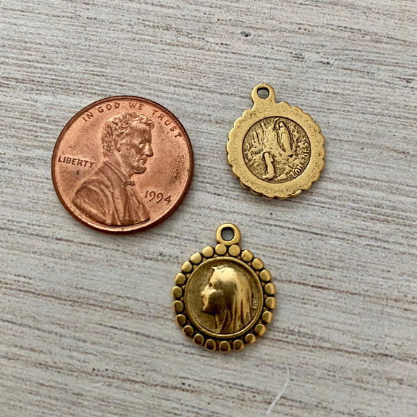 Load image into Gallery viewer, 2 Small Mary Lourdes Medal, Dotted Circular Catholic Religious Blessed Mother, Antiqued Gold Charm, GL-6131

