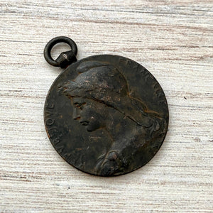 Large Old French Medal Replica, Antiqued Rustic Brown Charm Pendant, Woman Lady Coin, Jewelry Supplies, BR-6134