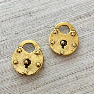 2 Lock Charm, Small Antiqued Gold Key Lock, Artisan Jewelry Supplies, Carson's Cove, GL-6144