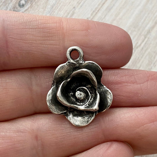 Flower Charm, Antiqued Rustic Brown Rose Pendant for Jewelry, PW-6153