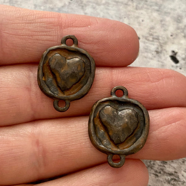 Load image into Gallery viewer, 2 Puffy Heart Rustic Brown Connector, Artisan Jewelry Making Supplies, BR-6157
