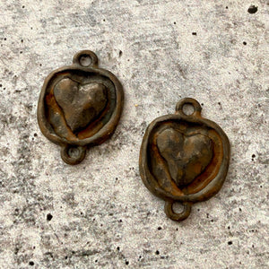 2 Puffy Heart Rustic Brown Connector, Artisan Jewelry Making Supplies, BR-6157