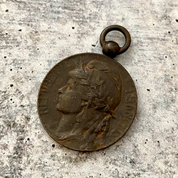 Load image into Gallery viewer, Medium Old French Marianne Medal Replica, Antiqued Rustic Brown Charm Pendant, Woman Lady Coin, Jewelry Supplies, BR-6158
