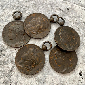 Medium Old French Marianne Medal Replica, Antiqued Rustic Brown Charm Pendant, Woman Lady Coin, Jewelry Supplies, BR-6158