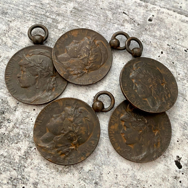 Load image into Gallery viewer, Medium Old French Marianne Medal Replica, Antiqued Rustic Brown Charm Pendant, Woman Lady Coin, Jewelry Supplies, BR-6158
