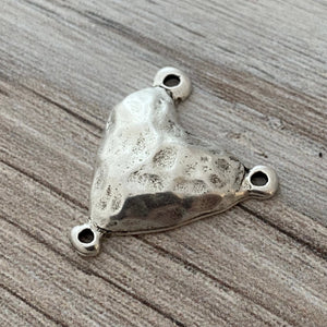 Silver Puffy Hammered Heart Connector, Rosary Centerpiece, Heart Pendant, 3 Way Connector, SL-6147