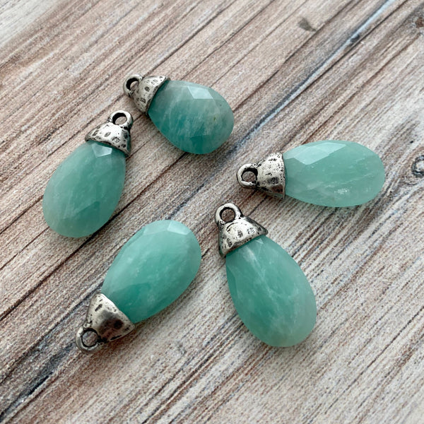 Load image into Gallery viewer, Amazonite Pear Faceted Briolette Drop Pendant with Silver Pewter Bead Cap, Jewelry Making Artisan Findings, PW-S023

