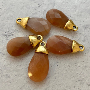 Peach Moonstone Faceted Pear Briolette Drop Pendant with Gold Bead Cap, Jewelry Making Artisan Findings, GL-S022