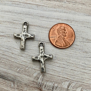 2 Hammered Cross Charm, Silver Pewter Block Cross, Religious, Spiritual Jewelry Making, PW-6156