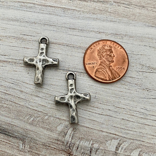 Load image into Gallery viewer, 2 Hammered Cross Charm, Silver Pewter Block Cross, Religious, Spiritual Jewelry Making, PW-6156
